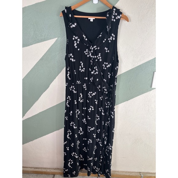 J. Jill Women's Size Large Black Floral Faux Wrap Ruffle Sleeveless Maxi Dress - Picture 2 of 13